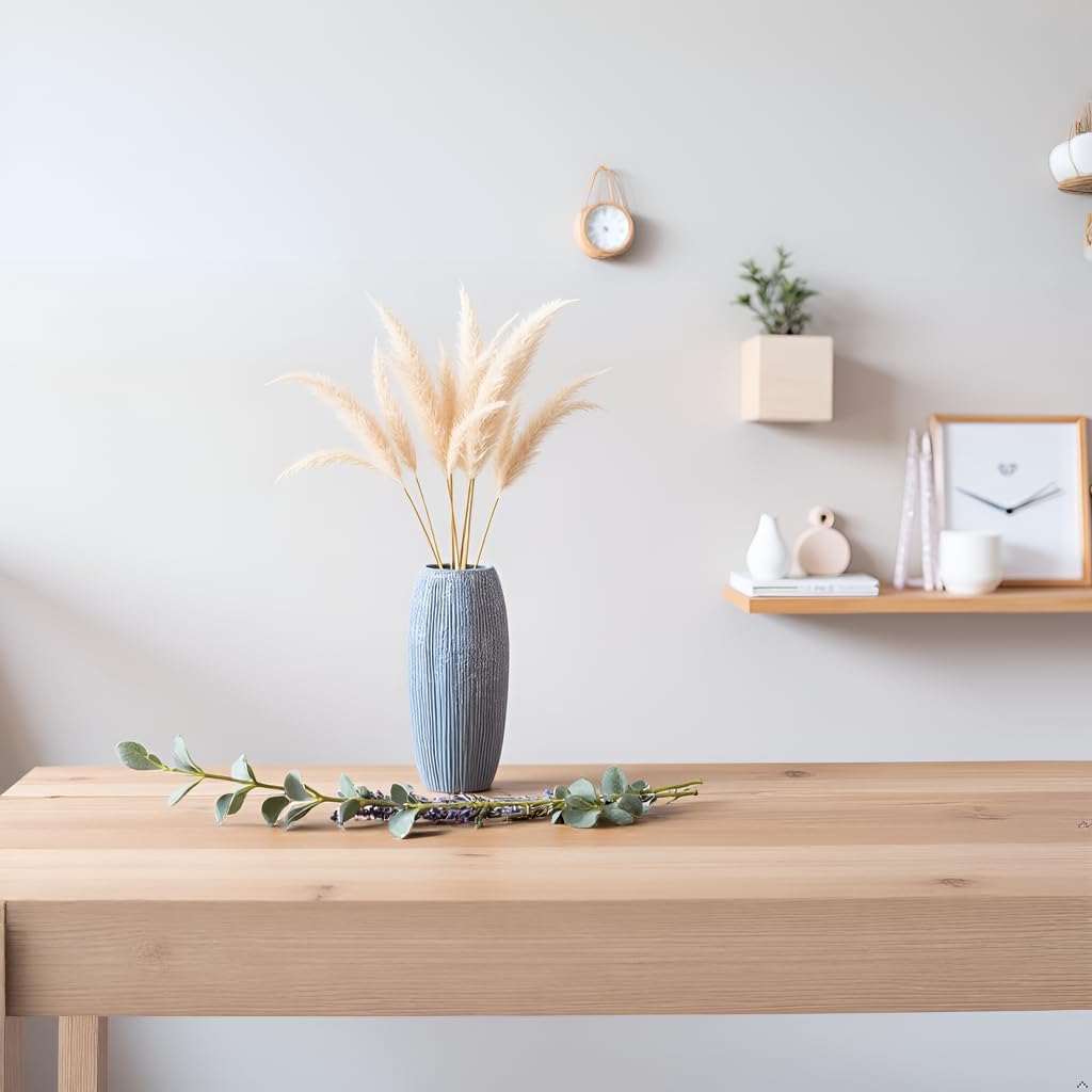 Premium Blue Ceramic Vase – Ribbed Tall Flower Vase for Home Décor, Modern Minimalist Table Centerpiece, Pampas Grass, Dried Flowers, Shelf & Living Room Decoration - Image 4