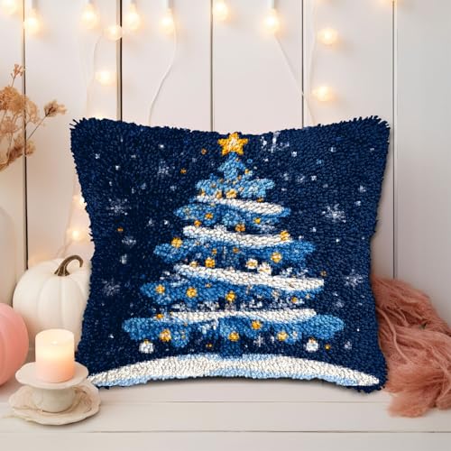 Image of DIY Latch Hook Pillow Kits for Adults Merry Christmas Winter Christmas Tree Pillow Cover Printed Pillowcase Crochet Yarns Hooking Handmade Cushion for Home Sofa Decoration 17x17inch(3)