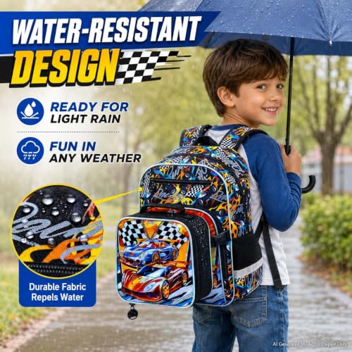 Image of HPJGD 3PCS Bookbag for Boys, 16 inch Race Car Preschool Backpack Set with Clip-On Lunch Box, Kids Water-Resistant School Bag for Elementary - Thrill Racing