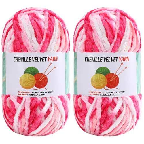 Image of 2 * 100g Velvet Chenille Chunky Yarn, Handcrafts Weaving Soft Chenille Yarn for Crocheting Clearance, Used for Making Baby Yarn Blanket, Clothes, Knitting Creations (Colorful - H)