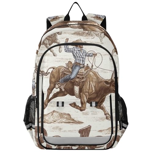 Cowboy Rodeo Pattern Backpack Lightweight Bookbag Laptop Backpack College School Bag for Teen Boys and Girls with Reflective Stripes