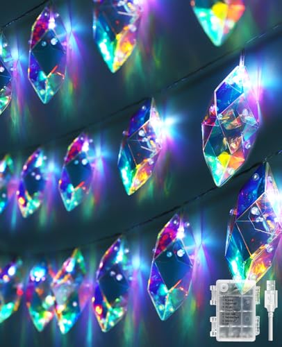AceList Iridescent String Lights Indoor, 20 LED 9.84FT Holographic Battery & USB Powered, 8 Lighting Modes, Crystal Diamond Fairy Lights for Wedding, Christmas, Party, Room Décor