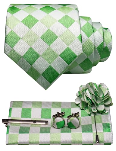 JEMYGINS Mens Green Plaid Tie and Lapel Pin Necktie Pocket Square Cufflinks and Tie Clip Sets for Business Casual 5PCS