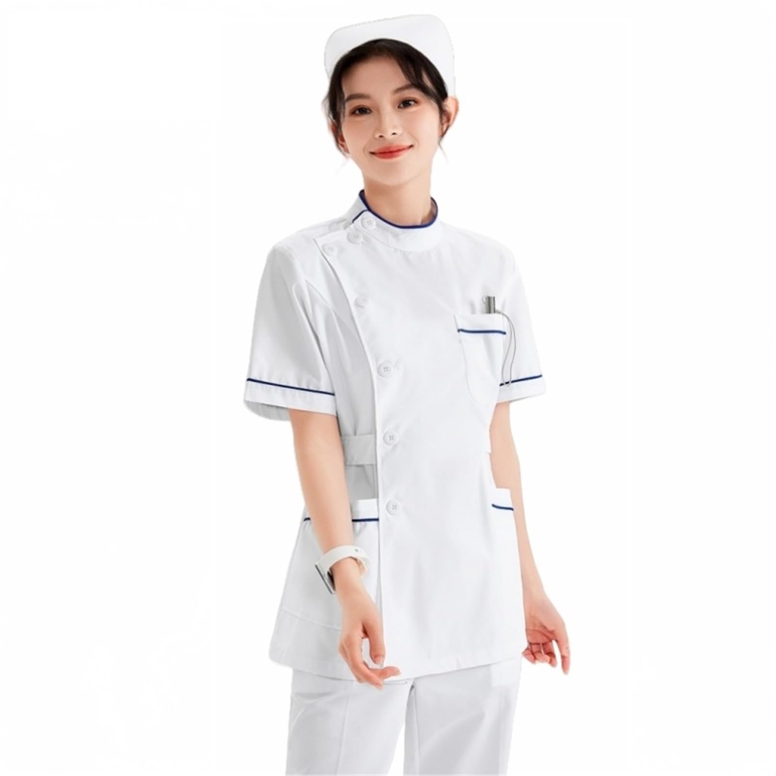 Uniformes Sanitarios Mujer Uniforme de Enfermera, Conjunto Dividido, Cuello muñeca Blanco, Manga Corta/Larga, Ropa Trabajo for salón Belleza y Hospital, Vestidos médicos | Side lapel(Long),S(Unisex)