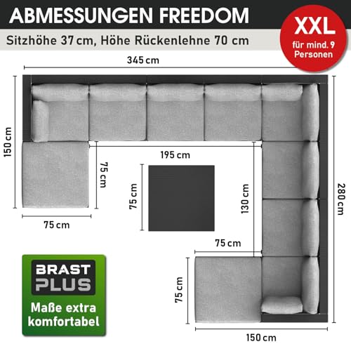 BRAST® Gartenmöbel Lounge Set XXL | 8-12 Personen viele Modelle & Farben | inkl. extra Dicke Kissen | TÜV geprüft | Outdoor Loungemöbel Sitzgruppe Essgruppe Garnitur | Freedom Schwarz