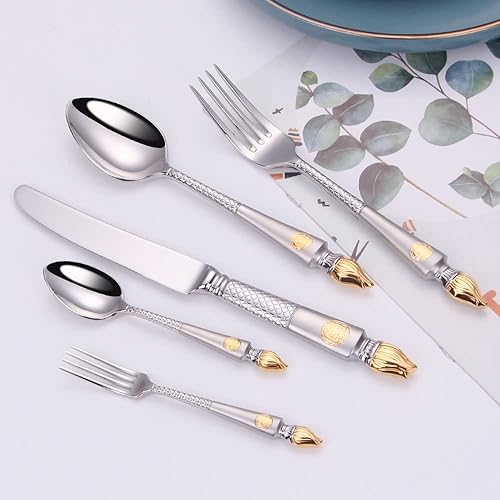 Juego de cubiertos dorados para 10 cubiertos duraderos de acero inoxidable 18/10, juego de cubiertos con mango de antorcha, juego de 50 piezas,