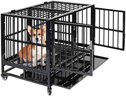 Walnest 37 Inch Indestructible Dog Crate Dog Kennel with Removable Divider Panel Heavy Duty Pet Cage for Two Dogs w/ Steel Tray Wheels with 2 Doors, Black