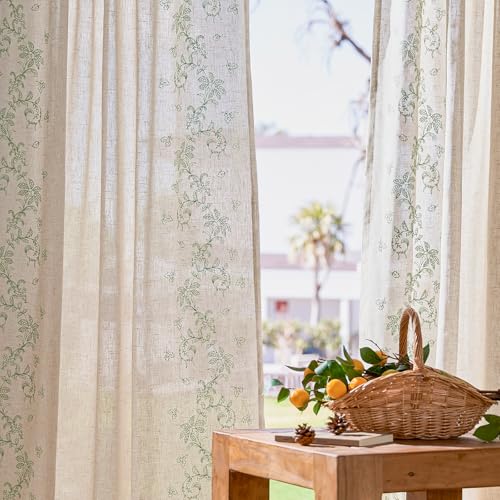 Image of jinchan Floral Linen Curtains, Back Tab 50x63 Inch, 2 Panels Sage
