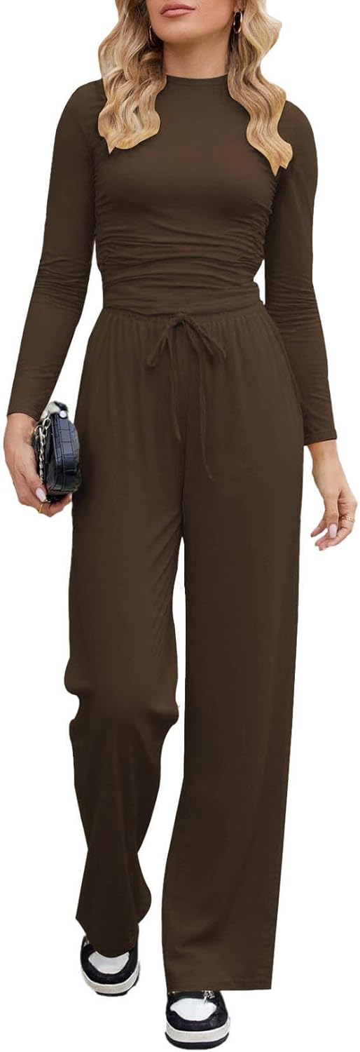 Nimsruc Womens 2 Piece Lounge Sets 2025 Ruched Long Sleeve Tops Wide Leg Pant Sets Tracksuit Autumn And Winter