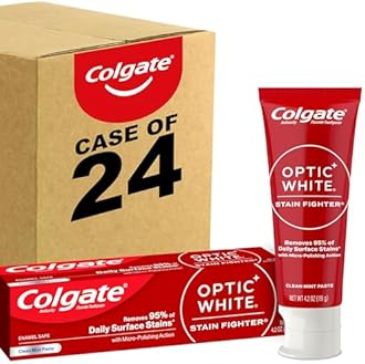 Colgate Optic White Stain Fighter Anticavity Fluoride Teeth Whitening Toothpaste, Enamel-Safe for Daily Use, Prevents New Stains, Clean Mint, Pack of 24, 4.2 oz