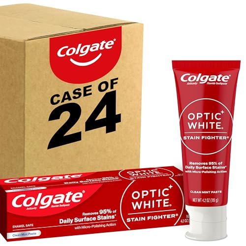 Colgate Optic White Stain Fighter Anticavity Fluoride Teeth Whitening Toothpaste, Enamel-Safe for Daily Use, Prevents New Stains, Clean Mint, Pack of 24, 4.2 oz