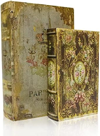 DROFELY Decorative Book Box Set of 2, Trinket Keepsake Storage Boxes Book Shaped Storage Box Vintage Style Decorative Book Boxes Antique Books for Decoration Medal Pattern