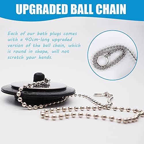 2Pcs Drain Stopper, 43mm Universal Bath Plug with Long Metal Ball Chain and Hanging Ring, Chrome & Rubber Sink Plug Drain Cover Trap Strainer Replacement for Bathtub Sink Bathroom Kitchen Home
