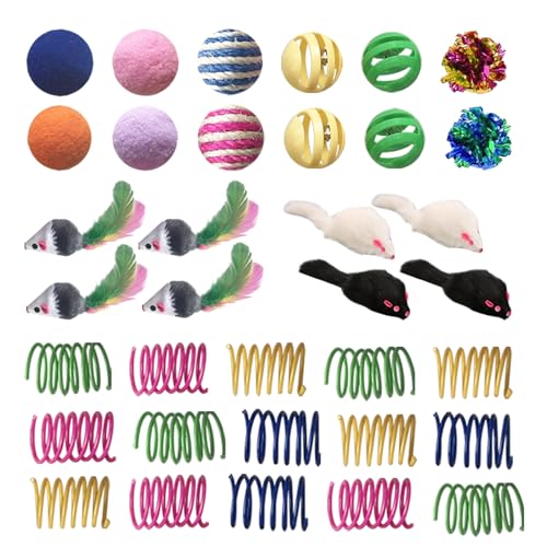 AGYM Cat Toys for Indoor Cats, 35 Packs Interactive Cat Toys Set with Colorful Springs, Mouse Cat Toy, Crinkle, Sisal, Pompom and Color Bell Balls for Kittens