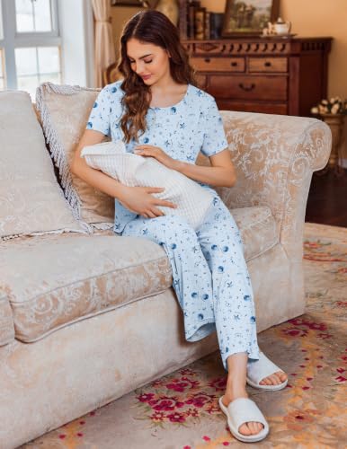 Image of Ekouaer 3 PCS Maternity Nursing Pajamas Set Postpartum Breastfeeding PJS | 3-Piece Set, Including Short Sleeve Shirts, Pregnancy Shorts & Pants, Buttery Soft, Skin-Friendly Feel