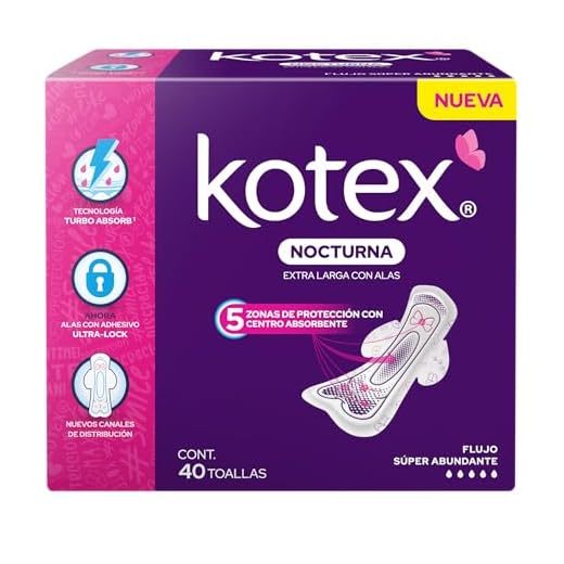 Kotex Nocturna Extra Larga Con Alas, Toalla Femenina, Paquete 40 Toallas, Ideal para Flujo Súper Abundante