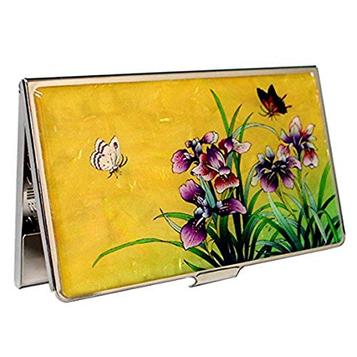 RFID Blocking Mother of Pearl Business Card Holder – Slim Stainless Steel Name Card Wallet for Men and Women with Gift Box (Orchid Yellow)