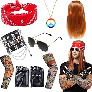 Kavoc 5 Packs 70s 80s 90s Heavy Metal Disco Costume Accessories with Sunglasses, Bandanas,2 style Sleeves Arm,2 Punk gloves Peace Necklace Rocker Fancy Dress for Adults Women Men