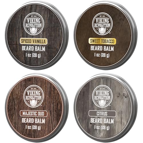 Viking Revolution 4 Beard Balm Variety Pack (1oz Each)- Spiced Vanilla, Sweet Tobacco, Majestic Oud, Citrus - Beard Butter Styles, Strengthens and Softens Beards and Mustaches - Beard Wax for Men