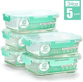 [5-Pack,34Oz] Glass Containers for Meal Prepping - Food Storage Containers with Locking Lids