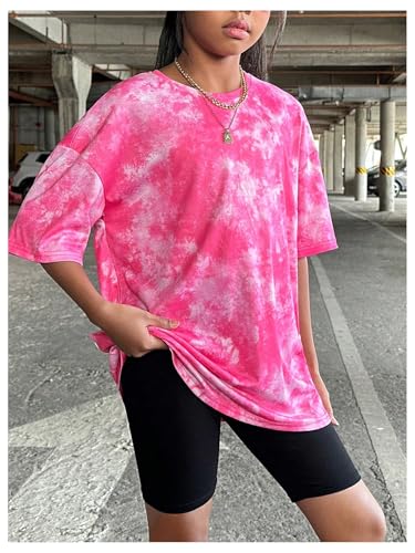 Image of SHENHE Girl's Letter Graphic Tie Dye Tshirts Plaid Crewneck Short Sleeve Loose Tee Top Pink 12Y