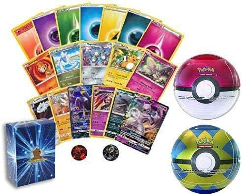 50 Assorted Pokemon Cards - 1 GX Ultra Rare, 3 Rares, 1 Holographic Rare, and Sealed Pokeball Tin containing 3 Pokemon TCG Booster Packs and 1 Pokemon...