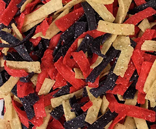 Gourmet Tri Color Tortilla Strips. Great Crispy Toppings for Southwest Salad and Snacking. Two 16 Ounce Stay Fresh Bag Packs