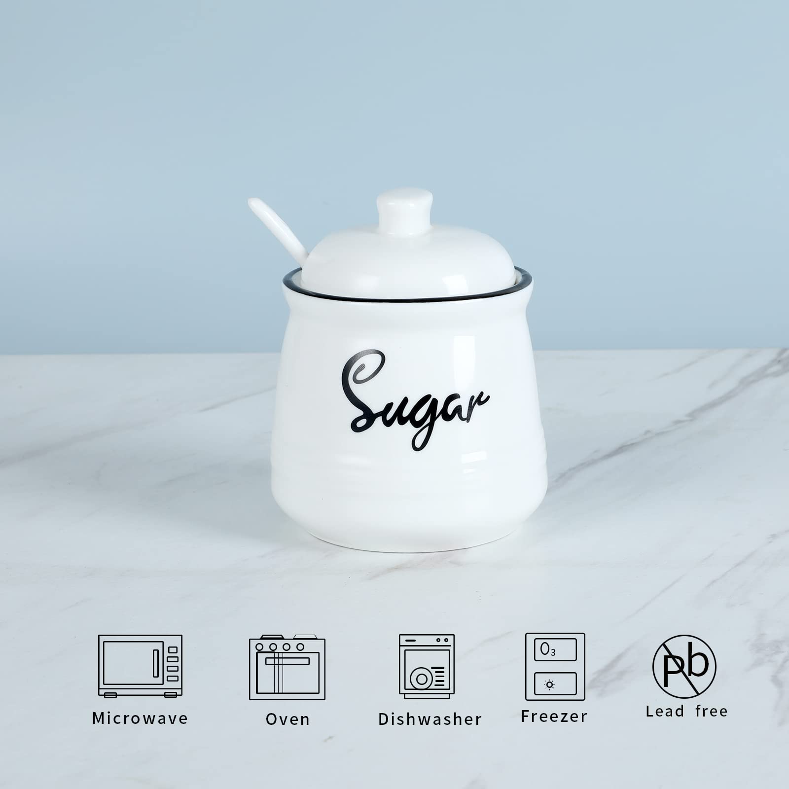 Azucarero de porcelana con tapa y cuchara, 12 onzas, fácil de limpiar (blanco)