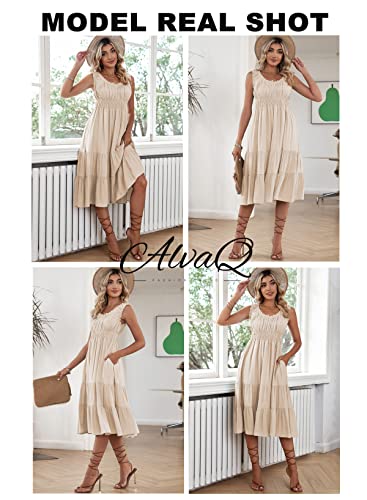 AlvaQ Women Summer Sleeveless Smocked Midi Dress High Waist Casual Tiered A Line Sundress with Pockets - Image 6