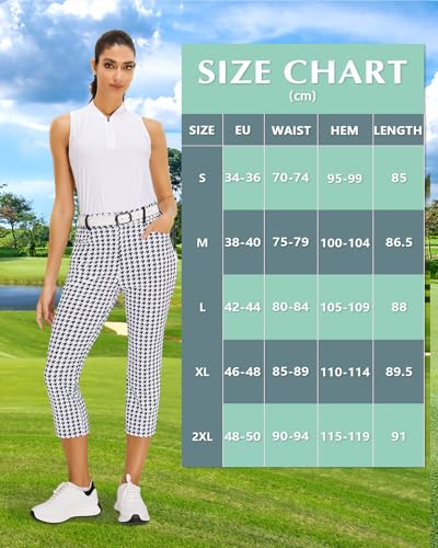 SERSARY Golfhose Damen 7/8 Golf Hose Stretch mit Rechte Reißverschlusstasche Gürtelschlaufen Soft Golf-Hosen Caprihosen Leichte Jogginghose, Fitnessleggings für Sport, Büro, Lounge,Hahnentritt,XL