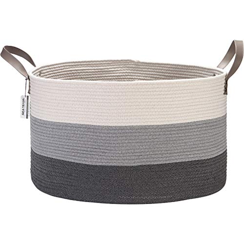 Sea Team Extra Large Size Cotton Rope Woven Storage Basket with Handles Laundry Hamper Trunk Organizer Clothes Toys Bin for Kids Room 22 x 13 inches Round Open Design Off White & Grey