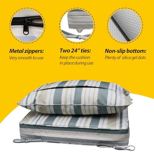 Image of AAAAAcessories Outdoor Seat Cushions for Chairs, Fade-Resistant, Waterproof Patio Furniture Replacement Cushions, 25.5 inch x 25.5 inch x 5 inch + 25.5 inch x 19 inch, Set of 2, Slate Gray Blue Coastal Stripe