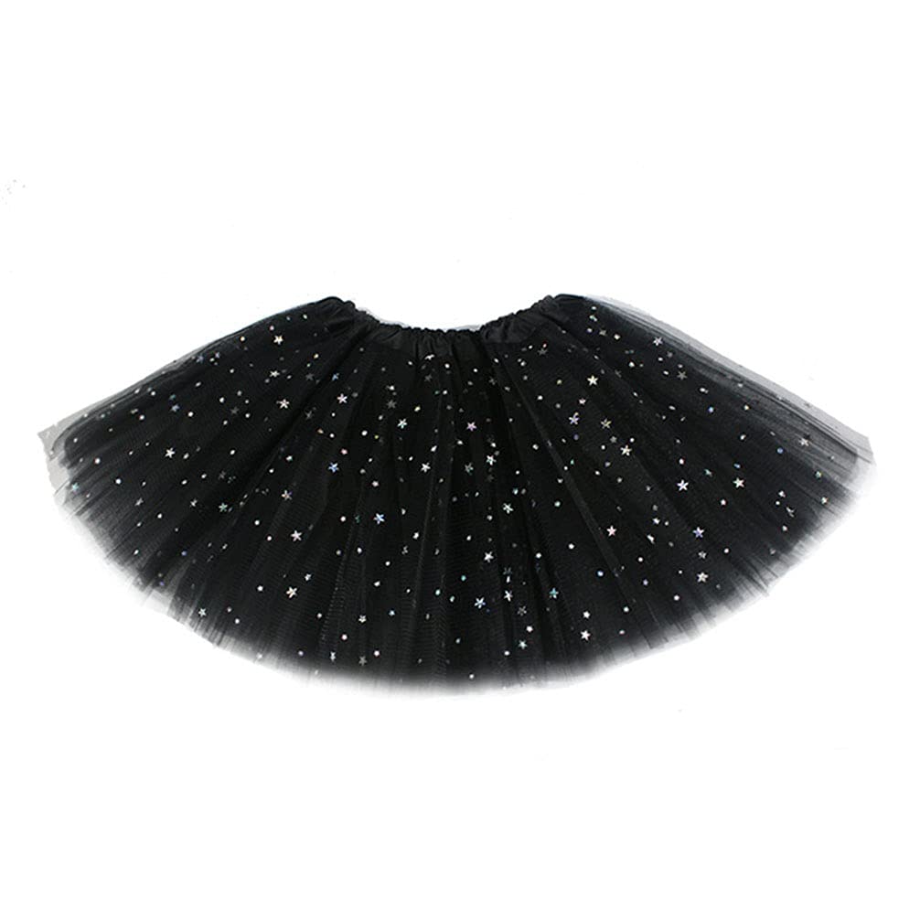 Girls Glitter Tulle Skirt Tutu Skirt Soft Petticoat Sequin Star Mini Skirt Ballet Dance Skirt Dance Dress Princess Skirt Performance Clothes for Party Stage (Black,)