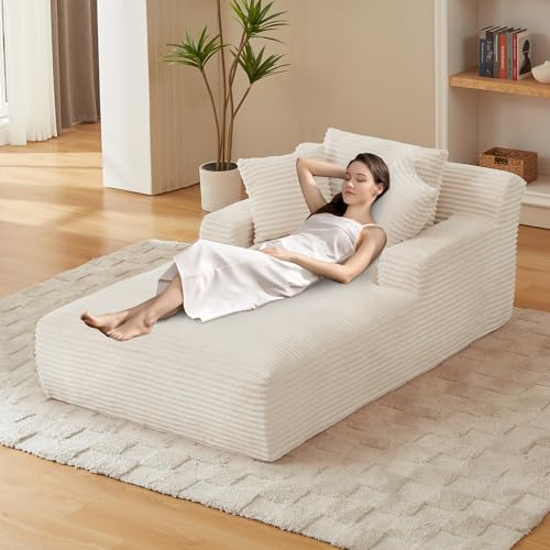 Image of 80 Inch Chaise Lounge Chair Indoor, Oversized Corduroy Upholstered Boneless Sofa Bed, Deep Seat Sleeper Couch Reading Chairs, Cloud Sofas Couches for Living Room, No Assembly Required (Beige)