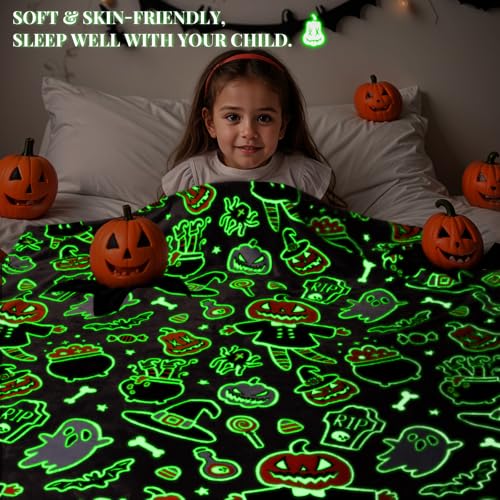 Image of Halloween Blanket Twin Size Soft Black Glowing Fall Pumpkin Throw Blanket Lightweight Fuzzy Grey Twin Bed Decoration Blanket for Bedroom Couch Sofa