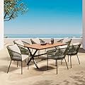 7 Pieces Patio Dining Set, All-Weather Outdoor Furniture Set with Dining Table and Chairs, Acacia Wood Tabletop, Metal Frame, for Garden,Backyard,Balcony,Modern Patio Furniture Set (Green)