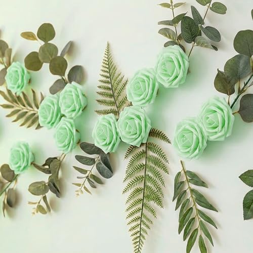 Image of 100Pcs Realistic Light Green Artificial Rose Flower Heads, Fake Light Green Foam Roses for DIY Wedding Decorations Baby Shower Centerpieces Home Party Valentine's Day Mother's Day Decor
