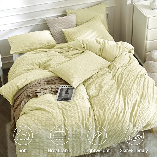 Image of JELLYMONI Seersucker Duvet Cover Set King, 3pcs Light Yellow Polyester | In Spacious Master, Couples & Pets, Crinkled Texture, Oeko-Tex Certified, 8 Corner Ties & Hidden Zipper