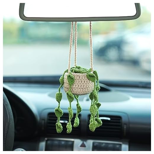 Car Accessories for Women,Car Mirror Hanging Accessories, Car Decorations,Car Accessories Interior Aesthetic Hand-Woven Potted Plant Pendant,Crochet Plants for car