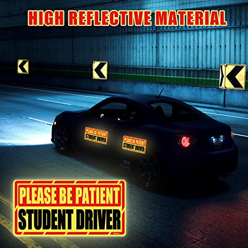 Image of Student Driver Car Magnet, 2 Pack Super Large Please Be Patient Student Driver Signs for Car, Reflective New Driver Vehicle Bumper Magnetic Sticker, Novice Driver Safety Warning Sign, 12x6in