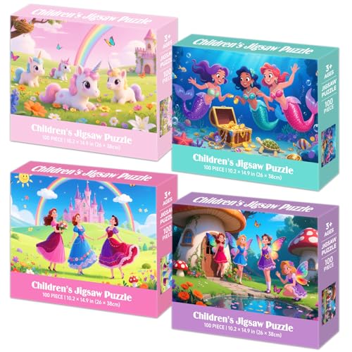 Rompecabezas de 100 piezas para niños de 4 a 6, 6 a 8 y 8 a 10 años: Temas de Unicornio, Sirena, Princesa y Hada — Juego educativo para niñas y niños, paquete de 4 unidades (15" x 10") miniatura 1