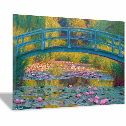 Peinture paysage pont aux lotus bleus CUDAOO toile artistique premium encadrée verte