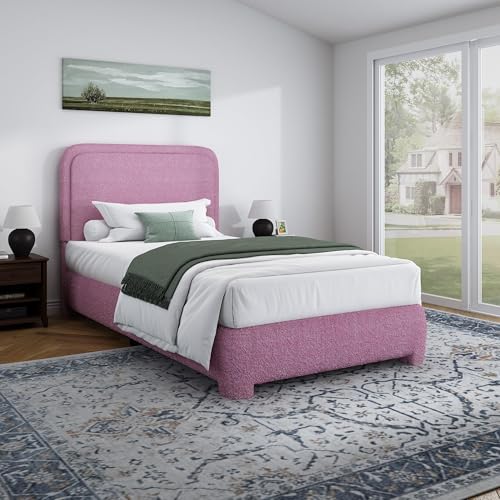 Image of BarnFurin Twin Bed Frame, Cloud Boucle Headboard, Low Profile, Rose Pink