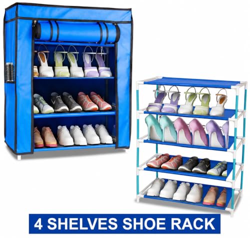 Image of Zest 4 Toyz 4 Shelf Shoe Rack for Home with Zip Door Cover & Side Pockets Shoe Stand Multipurpose Storage Rack for Footwear Toys Clothes with Dustproof Cover (Blue)