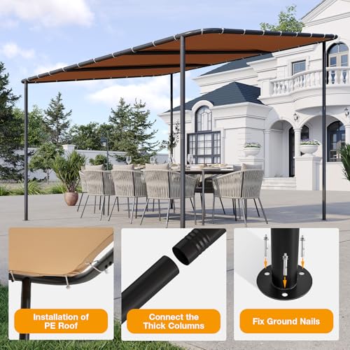 10x12 Lean to Pergola Outdoor Gazebo with Water Resistant & UV-Resistant, Sloped Roof Awning Wall-Mounted Canopy for Patio Backyard, Deck, or Garden Khaki - Image 4