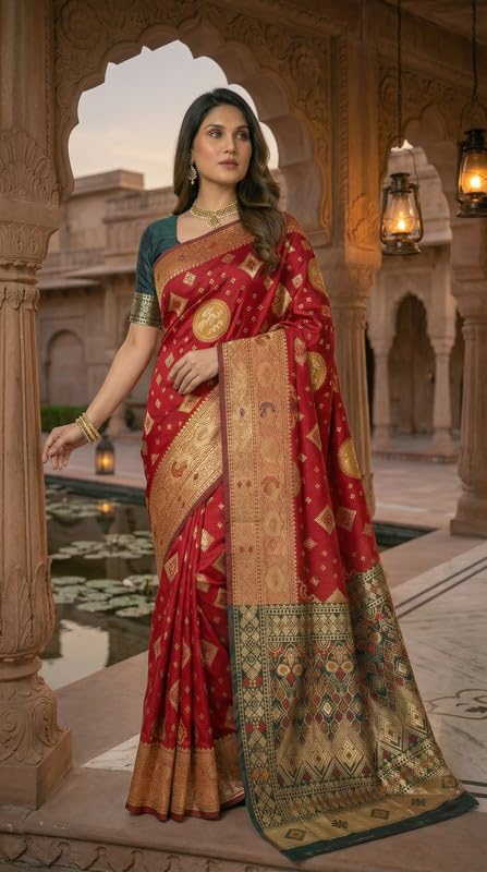 Image of C J Enterprise Women's Pure Soft Silk Saree With Blouse Piece For Wedding (Diamond-Patola)