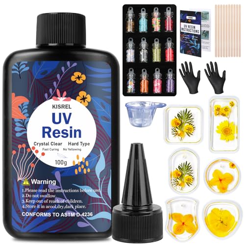 KISREL UV Resin Jewelry Making Kit - 100g Crystal Clear UV Resin and Jewelry Molds, Fast Curing for Keychains, Earring Making, DIY Craft Decorations