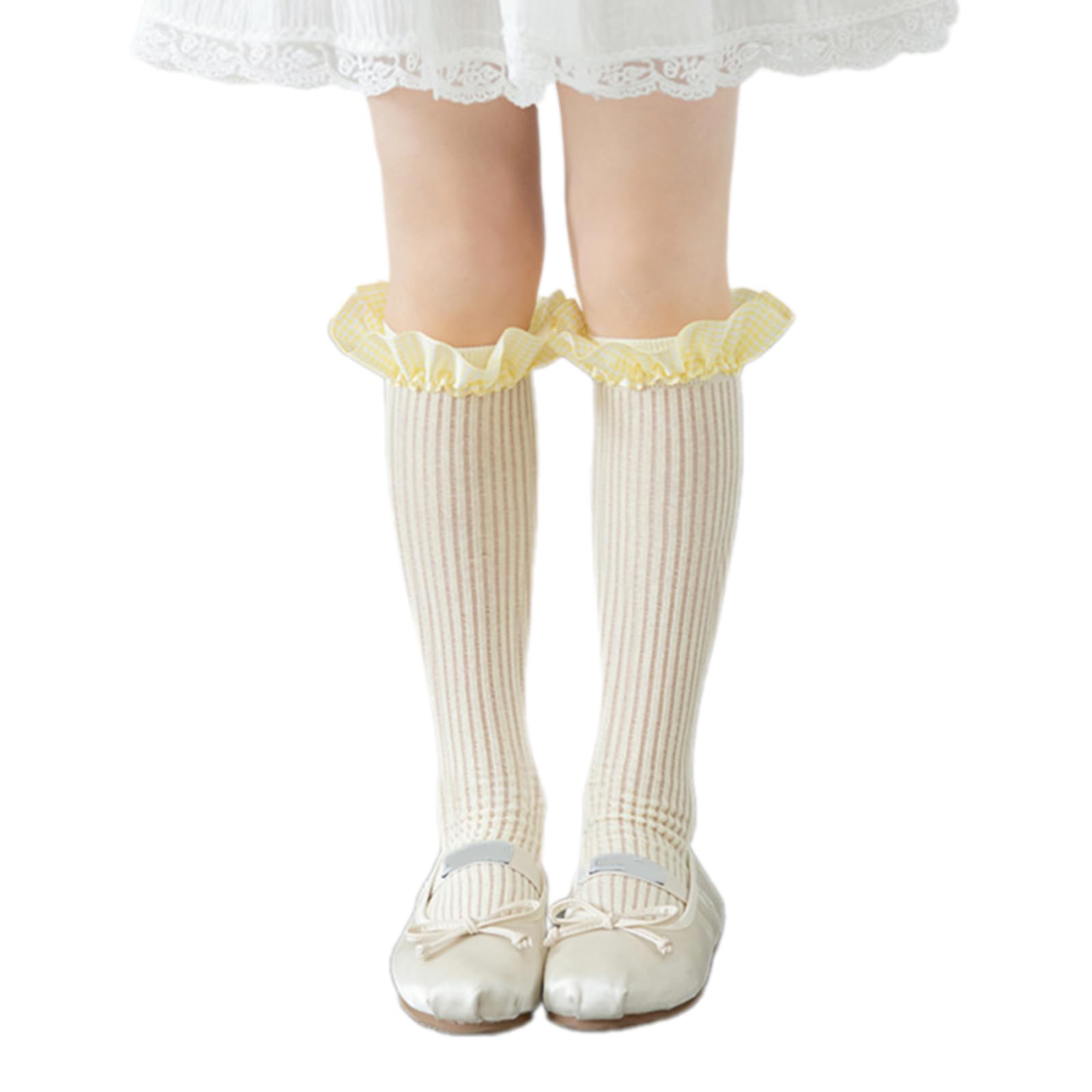 KHZen Stretchy Breathable Kids Socks Checkered Pattern Lovely Trimmed Edges Hosiery For Daily Wear 3 To 13 Years Calf Length