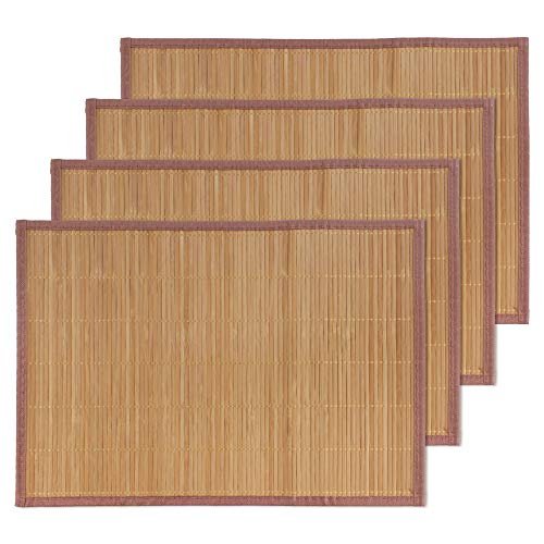 BambooMN Bamboo Slat Placemat with Brown Fabric Border - Solid Color Print - 18