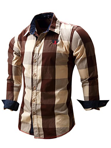 Neleus Men's Long Sleeve Button Down Plaid Shirts,112,Coffee,XL,EUR Tag 3XL